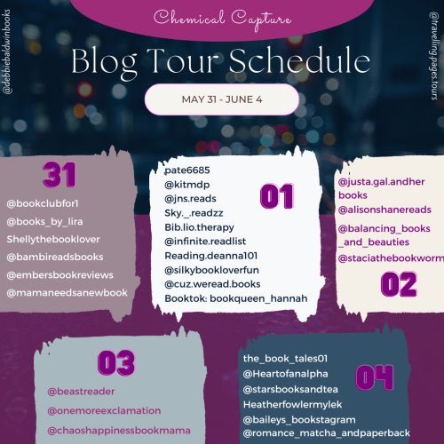 blog tour schedule for Chemical Capture by Debbie Baldwin