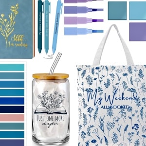 bookish stuff with a glass, tabs, markers, tote bag